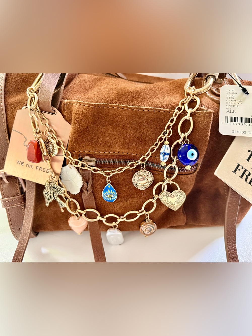 We The Free Tan Suede Baby Emerson Bag with with Double Layer Swag Charm Chain - Picture 2 of 13